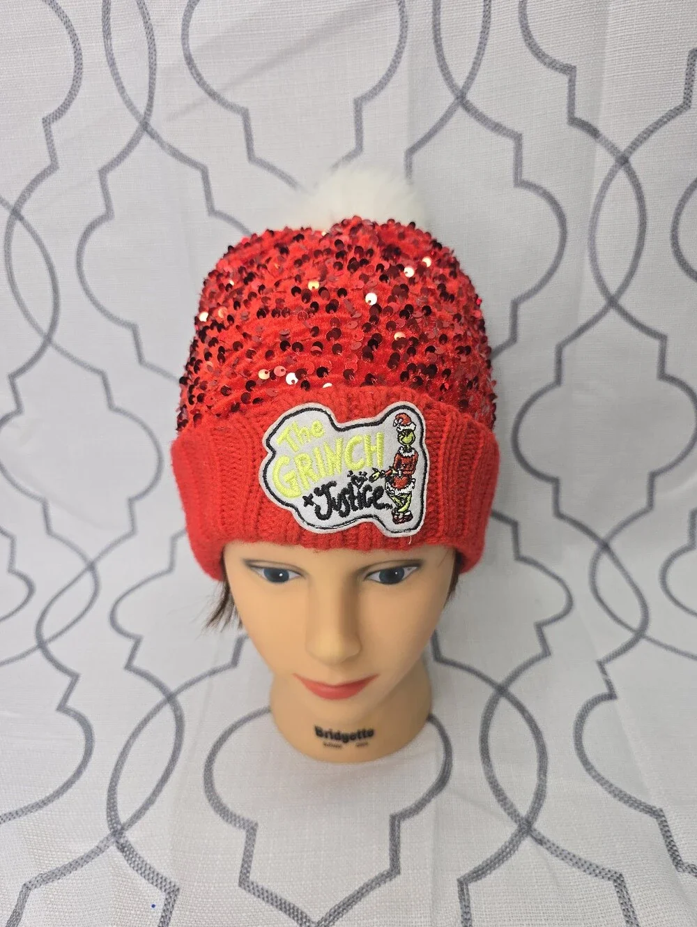 Justice X Grinch Girls Sequin Beanie Red Knit Cap Hat White Fluffy Pom Pom